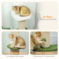PawHut Arbre à chat à fleurs à 3 niveaux, tonneau à gratter pour chats plateforme et balle poteau en sisal, Ø 45 x 92 cm, vert(m-5)