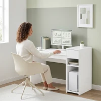 HOMCOM Escritorio para Ordenador con Cajón y Estantería Escritorio con Soporte para Unidad Central 108x50x82 cm Blanco(m-5)