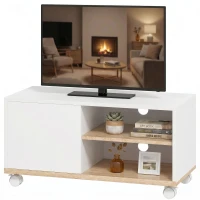 HOMCOM Mueble TV con Ruedas y Frenos Mueble de TV con Armario y Estante Regulable Blanco y Roble(m-11)