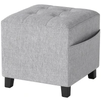 HOMCOM Quadratischer Hocker, kleiner Ottoman mit Seitentasche, Fußstütze aus Stoff in Leinenoptik mit Gummibaumholzbeinen, Hellgrau(m-1)