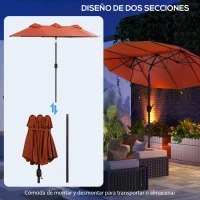 Outsunny Sombrilla Doble de Jardín 295x152x222 cm con Inclinación de 45° y Manivela Manual para Terraza Balcón Piscina Rojo(m-8)
