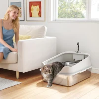 PawHut Katzentoilette Edelstahl Offene Katzenklo mit Schaufel hohem Rand für große Katzen bis 7 kg, 60,2 x 40,2 x 29,7 cm, Grau(m-10)