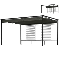 Outsunny Pergola 3,87 x 2,97 m Terrassenüberdachung mit Schiebedach, 2 Sichtschutz, UV 50+ Dunkelgrau(m-11)