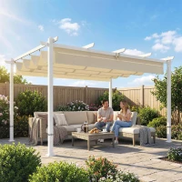 Outsunny Pergola 3 x 4 m Terrassenüberdachung mit Schiebedach, magnetische Verschlüsse, UV30+ Beige(m-10)