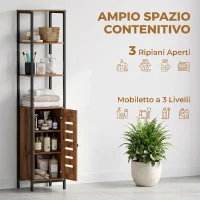 kleankin Mobile Bagno Alto Stretto, Mobiletto Bagno Salvaspazio con Ante Soft Close a Persiana, 3 Ripiani Aperti, Ripiani Regolabili, Marrone Rustico(m-4)