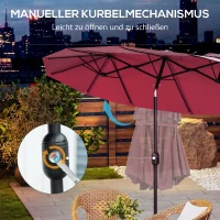 Outsunny Sonnenschirm, Gartenschirm, neigbar, mit Handkurbel, Winddach, Polyester+Stahl, Weinrot, 295 x 152 cm(m-6)