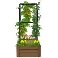 Outsunny Hochbeet mit Rankgitter Pflankasten mit Rankhilfe, offener Boden, wetterbeständig, 61 cm x 61 cm x 140 cm, Braun(m-12)