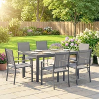 Outsunny Salon de Jardin Ensemble Mobilier de Jardin 7 Pièces Table Effet Bois 6 Chaises Empilables en Textilène 140x80x72cm Gris(m-10)