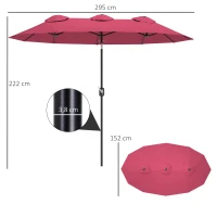Outsunny Sombrilla Doble de Jardín 295x152x222 cm con Inclinación de 45° y Manivela Manual para Terraza Balcón Piscina Rojo(m-3)