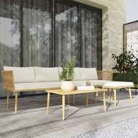 Outsunny Salon de jardin extérieur en résine tressée 5 places modulable 2 canapés, pouf et table basse, coussins inclus, crème(m-10)