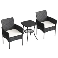 Outsunny 3 Piece Rattan Bistro Set, PE Wicker Garden Furniture Conversation Set with 2 Tier Glass-Top Table, Chairs, Cream White(m-13)