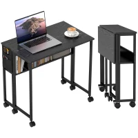 HOMCOM Bureau pliable sur roulettes 80 x 50 cm avec étagère et sac de rangement, noir(m-12)