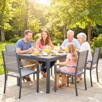 Outsunny Salon de Jardin Ensemble Mobilier de Jardin 7 Pièces Table Effet Bois 6 Chaises Empilables en Textilène 140x80x72cm Gris(m-9)