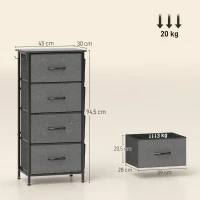 HOMCOM Kommode 4 Schubladen aus Stoff, Aufbewahrungsmöbel mit 4 Taschen, 2 Haken, Stahlgestell, 45 x 30 x 94,5 cm, grau(m-3)