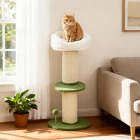 PawHut Arbre à chat à fleurs à 3 niveaux, tonneau à gratter pour chats plateforme et balle poteau en sisal, Ø 45 x 92 cm, vert(m-2)