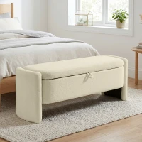 HOMCOM Banc Bout de Lit Banquette, 118x42x45cm, Banc de Rangement Rembourré en Tissu Bouclé, Pieds en Bois d'Eucalyptus, Crème(m-2)