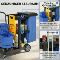 HOMCOM Reinigungskarre, Rollender Putzwagen mit 3 Ablagen, 70-Liter-Müllsack, Mop-Wringer-Eimer, Blau(m-4)