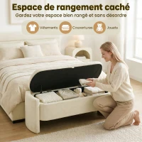 HOMCOM Banc Bout de Lit Banquette, 118x42x45cm, Banc de Rangement Rembourré en Tissu Bouclé, Pieds en Bois d'Eucalyptus, Crème(m-5)