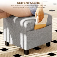 HOMCOM Quadratischer Hocker, kleiner Ottoman mit Seitentasche, Fußstütze aus Stoff in Leinenoptik mit Gummibaumholzbeinen, Hellgrau(m-5)