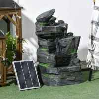 Outsunny Gartenbrunnen, Steinoptik, 4-stufig, Solarbetrieb, LEDs, 57cm Höhe, Kunstharz, Grau/Braun(m-10)