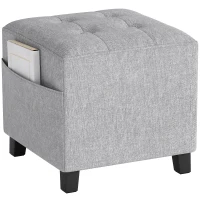 HOMCOM Quadratischer Hocker, kleiner Ottoman mit Seitentasche, Fußstütze aus Stoff in Leinenoptik mit Gummibaumholzbeinen, Hellgrau(m-11)