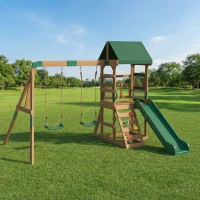 AIYAPLAY Aire de Jeux portique en Bois avec 2 balançoires et Toboggan, Mur d'Escalade et Terrasse Couverte, pour 3 à 8 Ans(m-2)