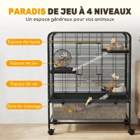 PawHut Cage pour Rongeurs sur Roulantes, 4 Niveaux, 3 Plateformes, 3 Rampes, Bouteille d'Eau, 75x46x94,5cm, Noir(m-5)