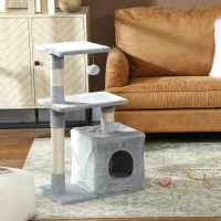 PawHut Arbre à chat tour de jeux pour chats poteaux en sisal, 2 plate-forme, niche, balle, tissu peluche, 50x30x81,5cm, gris(m-2)
