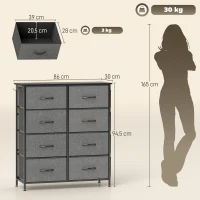 HOMCOM Kommode 8 Stoff-Schubladen, Aufbewahrungsmöbel mit 4 Taschen, 2 Haken, Stahlgestell, 86 x 30 x 94,5 cm, grau(m-3)