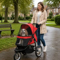 PawHut Foldable Pet Stroller with Three Wheels, for Small, Medium Dogs, Red(m-2)