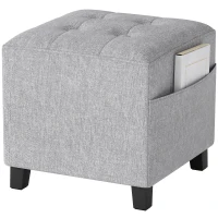 HOMCOM Quadratischer Hocker, kleiner Ottoman mit Seitentasche, Fußstütze aus Stoff in Leinenoptik mit Gummibaumholzbeinen, Hellgrau(m-12)