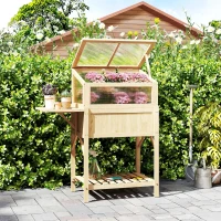 Outsunny Hochbeet mit Frühbeetaufsatz aus Holz Pflanzkasten mit Gewächshaus klappbar Seitentisch Ablagefach Naturholz(m-9)