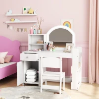 AIYAPLAY Set Toeletta Trucco per Bambini 2 in 1 con Specchio, Sedia, Luce LED, Armadietto, Scaffali e Libreria, Bianco(m-9)