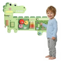 AIYAPLAY Placă Montessori motorică din lemn - Busy Board Dinozauri, montată pe perete, cu xilofon, ceas, roți dințate și bare sonore(m-7)