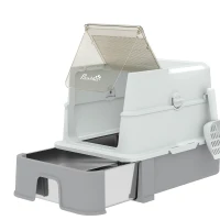 PawHut RVS kattenbak met deksel, XL kattenbak met schep, uitschuifbare lade, hoge randen, eenvoudig te reinigen, grijs(m-12)