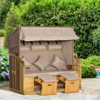 Outsunny Strandkorb 3-Sitzer Sonnenliege mit Dach 2 Klapptischen Fußstütze Chaiselongue 5-stufige Rückenlehne XXL Polyrattan Natur 150 x 79 x 160 cm(m-10)