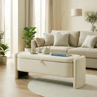 HOMCOM Banc Bout de Lit Banquette, 118x42x45cm, Banc de Rangement Rembourré en Tissu Bouclé, Pieds en Bois d'Eucalyptus, Crème(m-9)