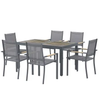 Outsunny Salon de Jardin Ensemble Mobilier de Jardin 7 Pièces Table Effet Bois 6 Chaises Empilables en Textilène 140x80x72cm Gris(m-12)