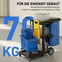 HOMCOM Reinigungskarre, Rollender Putzwagen mit 3 Ablagen, 70-Liter-Müllsack, Mop-Wringer-Eimer, Blau(m-8)