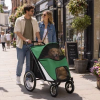 PawHut Foldable Pet Stroller, with Washable Cushion, Storage Bags, Safety Leash, for Medium, Large Dogs, Cats - Green(m-2)