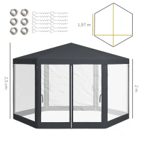 Outsunny Gartenpavillon, 6-eckig, Netzvorhänge, Metallgestell, 3,94x3,412x2,5m, Dunkelgrau(m-3)
