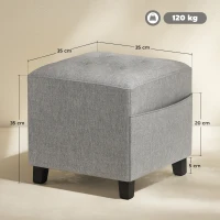 HOMCOM Quadratischer Hocker, kleiner Ottoman mit Seitentasche, Fußstütze aus Stoff in Leinenoptik mit Gummibaumholzbeinen, Hellgrau(m-3)