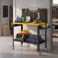 HOMCOM Werkbank mit Lochwand Arbeitstisch mit Steckdosen LED‑Leuchte Rollen Metallgestell Schwarz und Gelb(m-6)