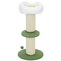 PawHut Arbre à chat à fleurs à 3 niveaux, tonneau à gratter pour chats plateforme et balle poteau en sisal, Ø 45 x 92 cm, vert(m-12)