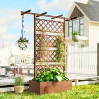 Outsunny Jardinière Surélevée avec treillis et Barres de Toit, bac à fleurs Trous de Drainage, tissu non tissé effet bois naturel(m-7)