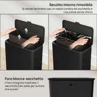 HOMCOM Cestino Spazzatura da 8L con Coperchio in Acciaio Inox e Secchio Interno Rimovibile, 29.7x17.4x30 cm, Nero(m-5)