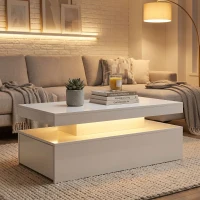 HOMCOM Tavolino LED moderno con 2 cassetti e spazio contenitivo, Bianco lucido(m-2)