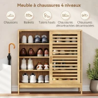 HOMCOM Meuble à chaussures en bambou 16 paires, armoire à chaussures, 2 portes coulissantes, étagères réglables, bois naturel(m-4)