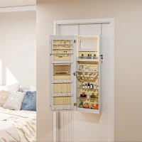 HOMCOM Armadietto Portagioie da Parete o Porta con Specchio Interno e Luci LED, con Serratura e Chiave, Tasca con Zip, Bianco(m-10)