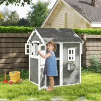Outsunny Casinha Infantil para Crianças, Interior e Exterior, com Porta, Janelas e Canteiro, Madeira de Pinho, Cinza(m-6)